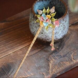 Hair Stick Flower Enamel hair Pin Jewelry Vintage Rhinestone Charm For Bride